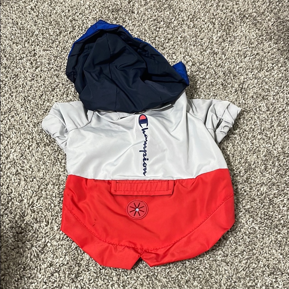 Champion Red and Gray Pet Jacket with Navy Hood